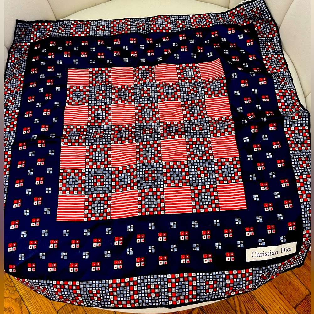 Stunning Christian Dior Blue Red White Silk Hand Roll Scarf, Luxury ❤️
